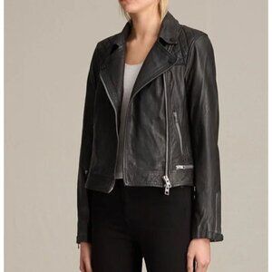 NWT Allsaints Conroy Crinkled Asymmetric Leather Biker Jacket Black Size 10